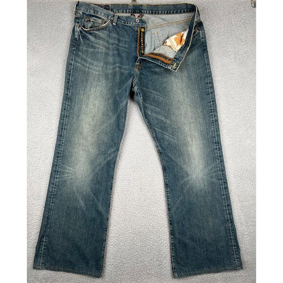 Lucky Brand Mens Jeans 38x33 Distressed Blue Dark Wash Stretch Denim Whiskers 🍀 - Picture 2 of 12